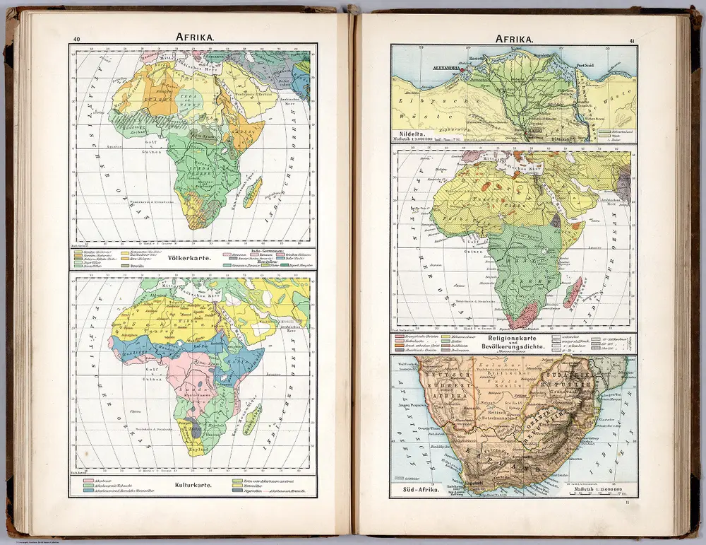 Afrika. Volkerkarte. Kulturkarte. Religionskarte und Bevolkerungesdichte