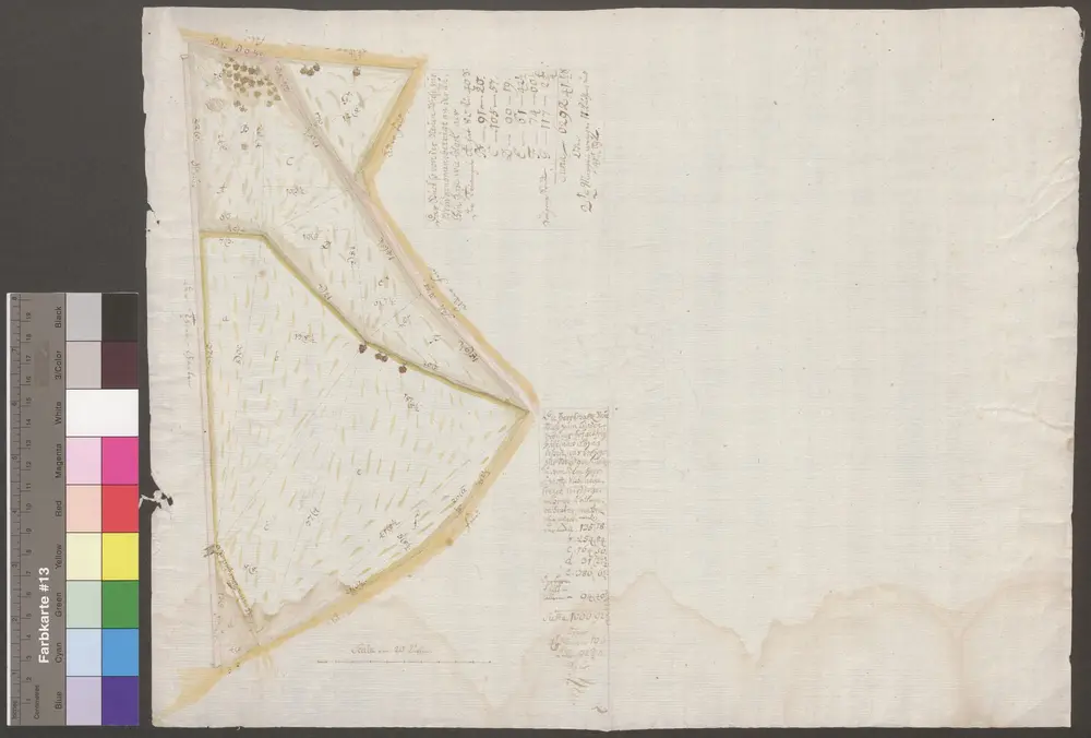 HZAN GA 100_Nr. 250_ : Langenburg; "Die herrschaftliche Neue Wiese zu Lindenbronnen";[Rübel];20 Ruten = 8,2 cm;34 x 44 cm;Papier; Federzeichnung; Grenzen in Wasserfarben; zur Vermessung in Drei- und Vierecke eingeteilt.