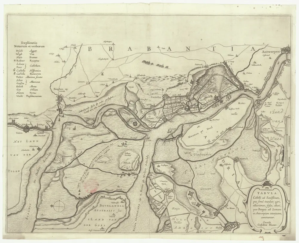 Tabvla casteli ad sandflitam, qua simul inundati agri, alluviones, foßae, alvei, quae Bergas ad Zomam et Antverpiam interjacent annotantur