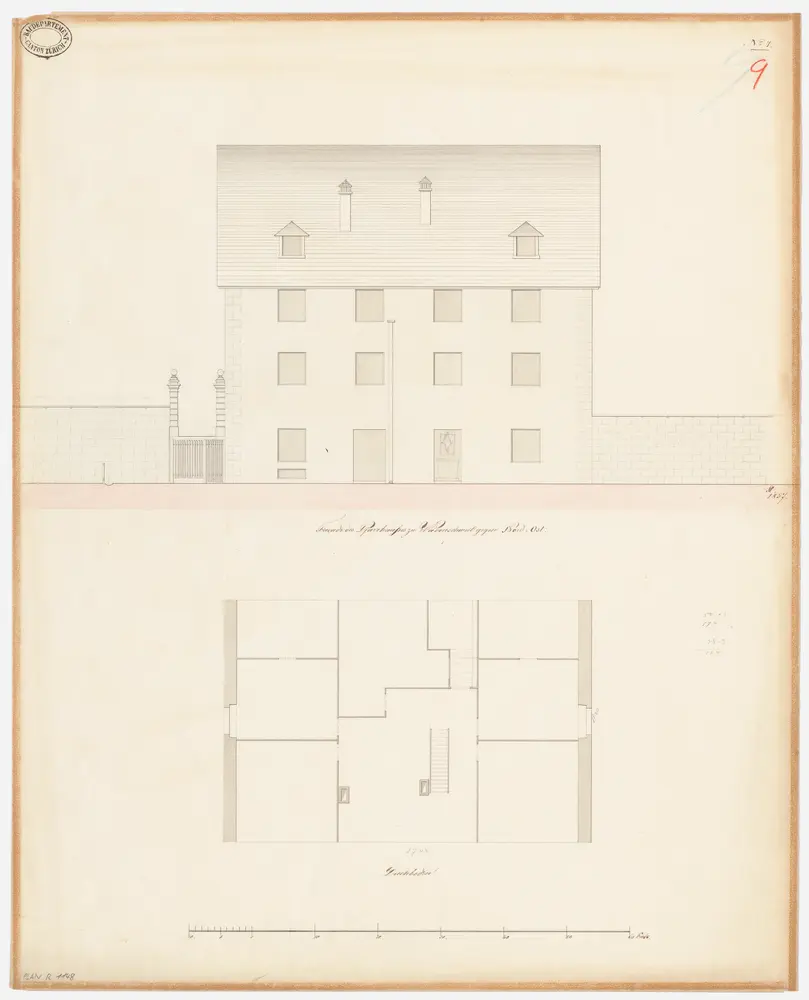 Wädenswil: Pfarrhaus; Grundriss des Dachgeschosses und Nordostansicht (Nr. 9)