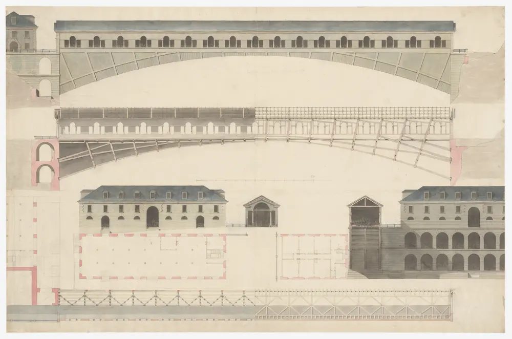 Eglisau: Projektierte Rheinbrücke, gedeckte Brücke und Zollhaus; Ansichten, Grundrisse und Schnitte