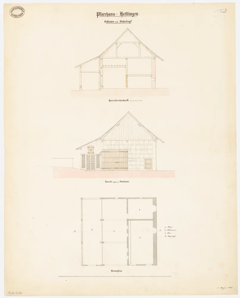 Hettlingen: Pfarrscheune; Ansicht, Grundriss und Querschnitt (Nr. 3)