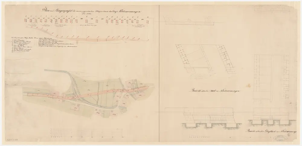 Niederweningen: Projektierte Strasse durch das Dorf und Brücke über die Surb; Situationsplan, Längsprofil und Ansichten