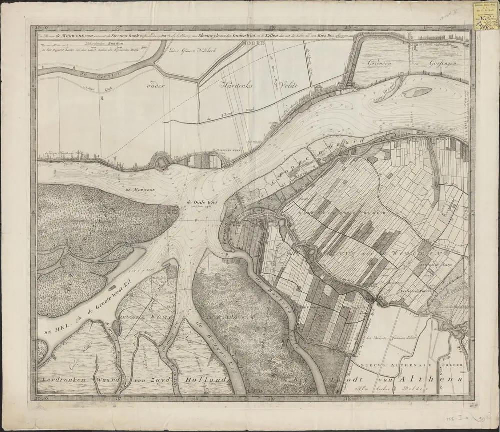 De Rivier de Merwede, van ontrent de Steenen-hoek, Oostwaards-op tot verby het dorp van Sleeuwyk: met den Ouden-Wiel, en de Killen, die uit deselve na den Bies-Bos afloopen etc.