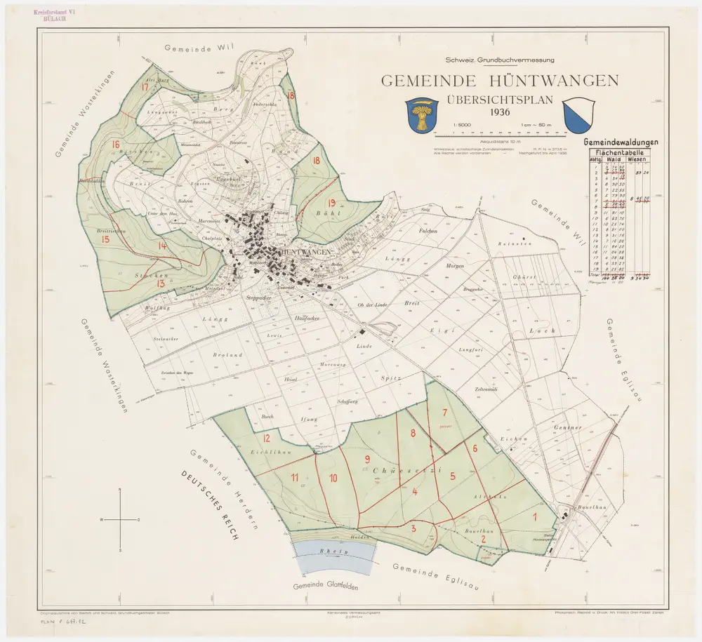 Hüntwangen: Gemeindewaldung: Gemeinde und Gemeindewaldungen; Übersichtsplan (Schweizerische Grundbuchvermessung)