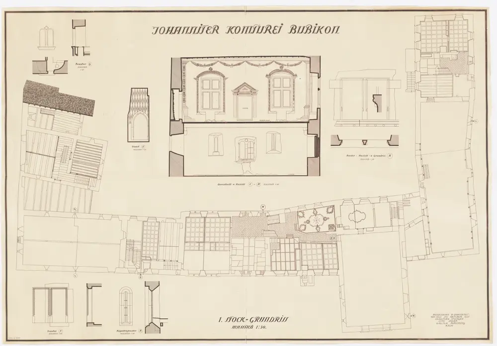 Bubikon: Johanniterkomturei, 1. Stock und Fenster; Grundriss, Ansichten und Querschnitt
