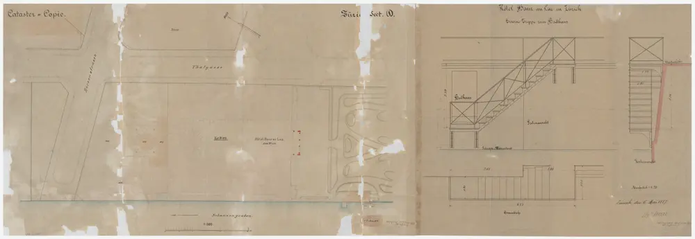Zürich: Beim Hotel Baur au Lac, eiserne Treppe zum Badehaus; Situationsplan, Ansicht und Grundriss