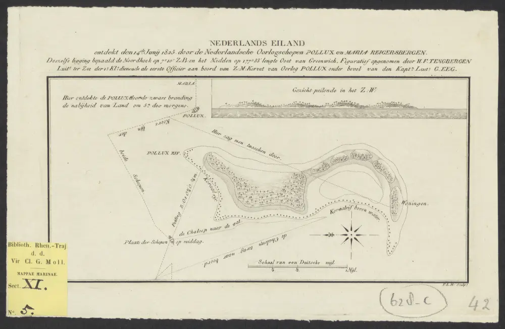 Nederlands eiland ontdekt den 14 Junij 1825 door de Nederlandsche Oorlogschepen Pollux en Maria Reigersbergen ; deszelfs ligging bepaald de Noordhoek op 7" 10' Z.B. en het Midden op 177" 33' lengte oost van Greenwich