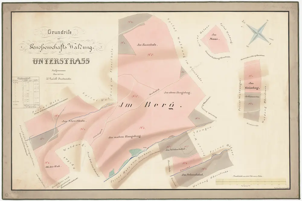 Unterstrass: Gemeinde- und Genossenschaftswaldungen: Genossenschaftswaldungen Ob der Hueb (Hub), Im Streitholz, Im untern Hangelweg, Im Bannholz, Im obern Hangelweg, Im Berg, Im Wildenhölzli, Im Peterstobel, Im Moos, Im Geissberg, Im Gummelen, Im Berg, Moos, Geissberg, Im Strickhölzli, Streitholz, Hangelweg; Grundrisse