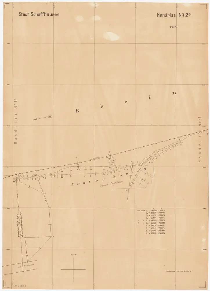 Feuerthalen bis Flurlingen: Durch den Vertrag vom 11.01.1901 zwischen den Kantonen Zürich und Schaffhausen festgelegter Grenzverlauf am linken Rheinufer bei Schaffhausen; Situationsplan-Handrisse: Rhein bei Feuerthalen; Situationsplan-Handriss (Nr. 2 b)