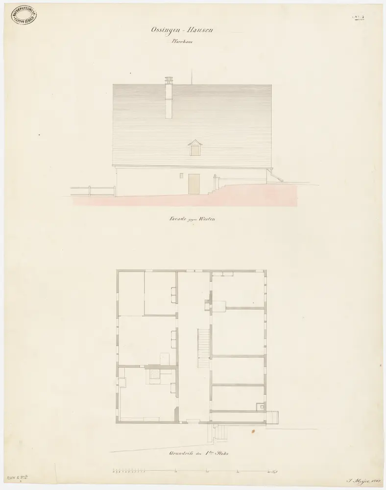 Ossingen: Pfarrhaus; Westansicht und Grundriss des 1. Stocks (Nr. 4)