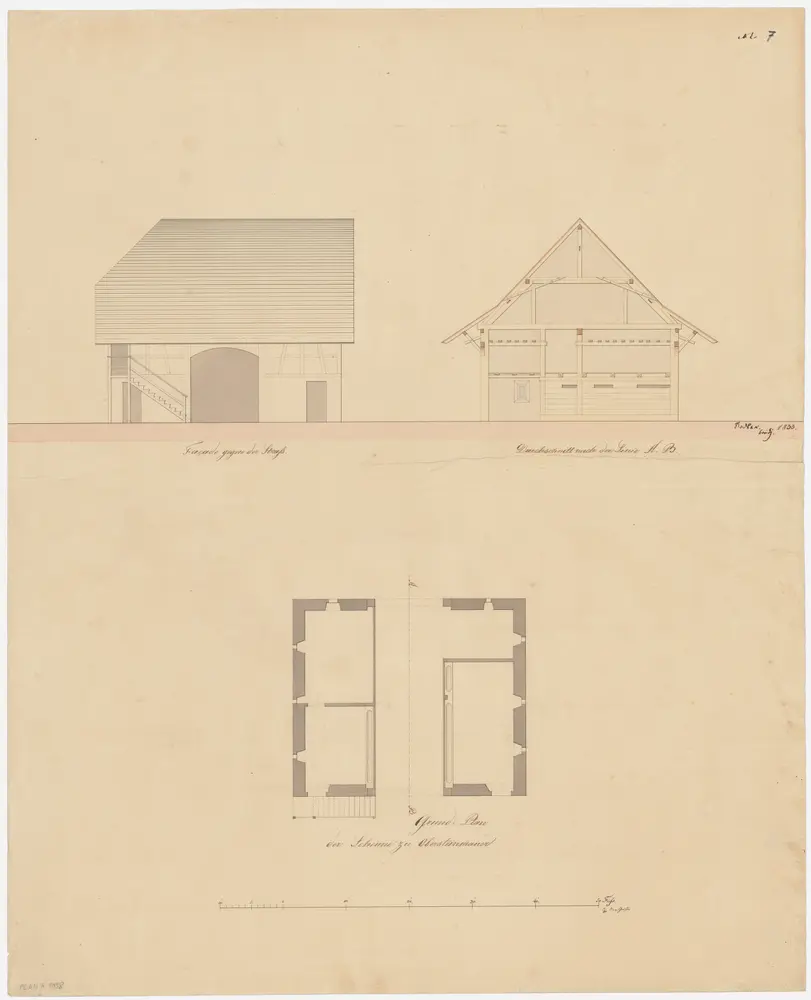 Steinmaur: Pfarrscheune; Grundriss, Ansicht und Querschnitt (Nr. 7)