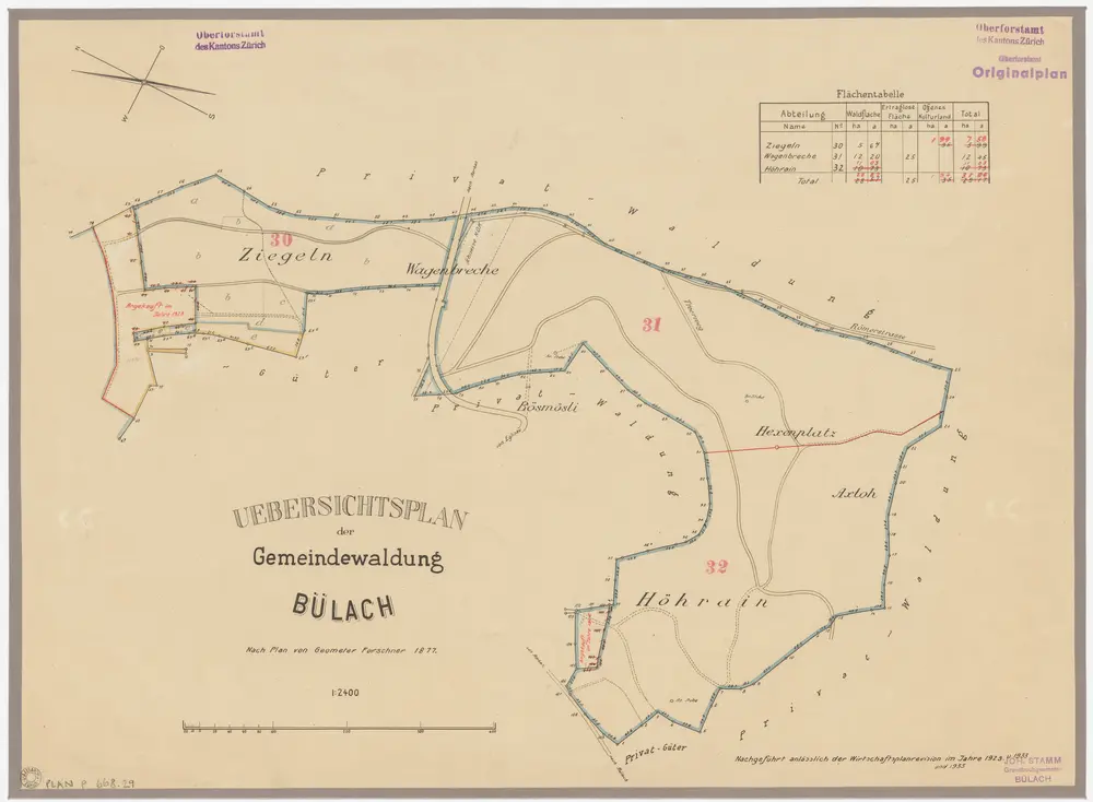 Bülach, Bachenbülach, Hochfelden: Gemeindewaldungen Bülach und Bachenbülach: Bülach: Höhrain (Höhrein), Axloo (Axloh), Häxenplatz (Hexenplatz), Bösmösli, Wagenbrechi (Wagenbreche), Zieglen (Ziegeln); Grundriss