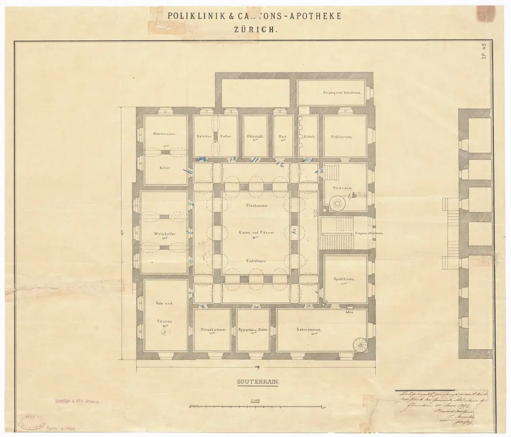 Poliklinik und Kantonsapotheke: Untergeschoss; Grundriss (Nr. 45)