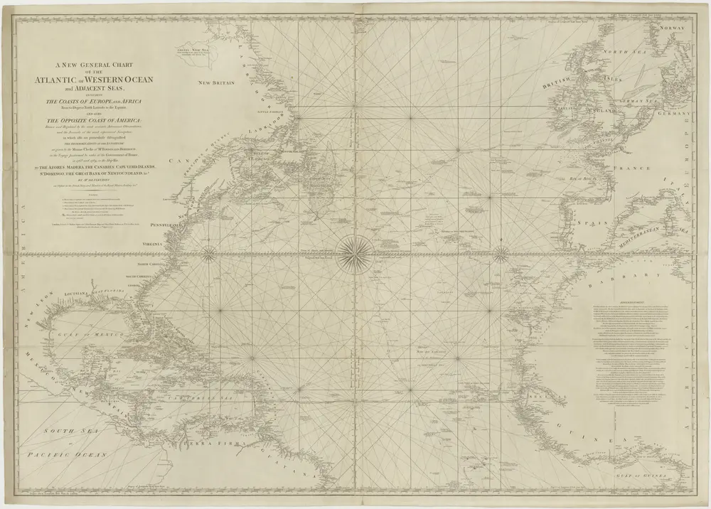 A New General chart of the Atlantic and Western Ocean and adjacent Seas including the Coast of Europa and Africa, from 0 degrees North Latitude to the Equator and also the opposite Coast of America etc.