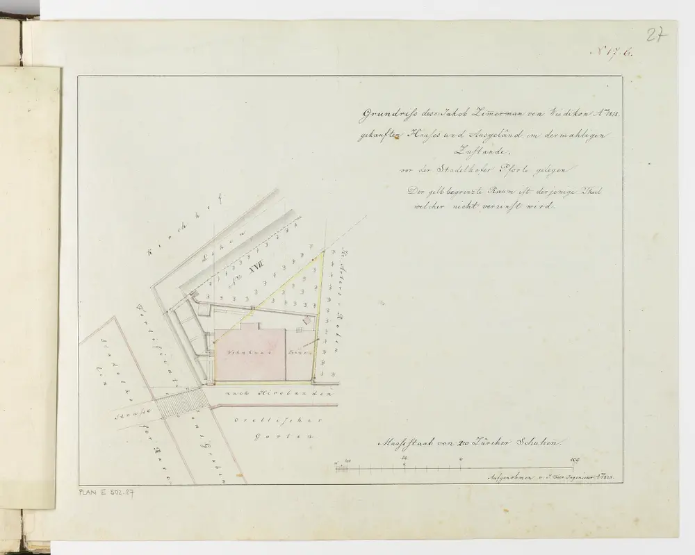 Zürich: Dem Spital Zürich gehörende Lehen in den Fortifikationswerken; Ansichten, Grundrisse und Schnitte: Jakob Zimmermanns Liegenschaft vor der Stadelhofer Pforte; Grundriss