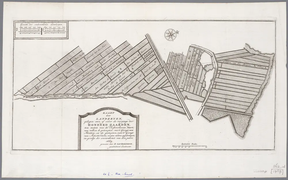 Kaart der landeryen, gelegen aan of onder de rooyinge der Honderd Gaarden, ten westen van de Kostverlooren Vaart; van welken de gestreepten voor 't Geregt van Slooten, en de gestipten voor 't Geregt van Amsterdam moeten worden opgedraagen, in gevolge der overeenkomst van den jaare 1669 / gemeeten door B. van Groendyck, geadmitteerd landmeeter