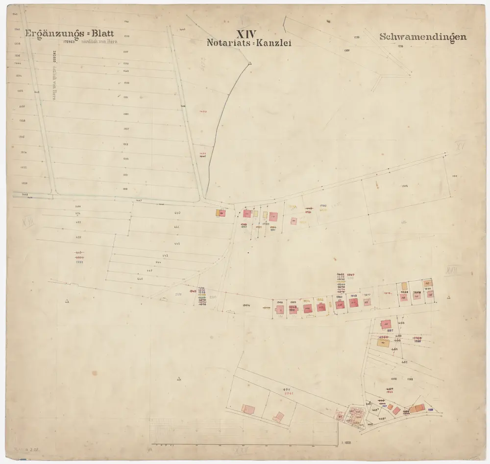 Schwamendingen: Gemeinde; Katasterpläne: Ergänzungsblatt XIV: Wolfhag, Waldgarten, Brüggliäcker, Neuwiesen, Gauäcker, Breite, Hintere Geere und Vordere Geere; Situationsplan