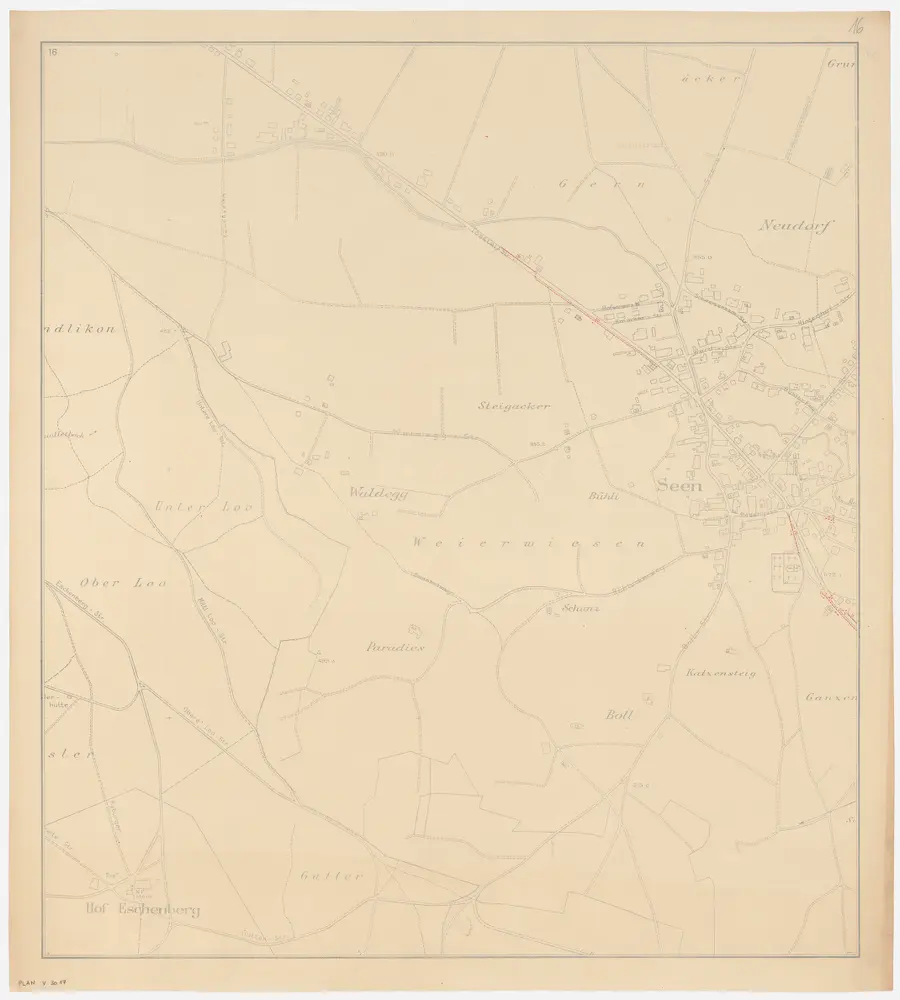 Winterthur: Gemeinde; Kanalisation: Blatt 16: Seen mit Gern, Neudorf, Waldegg, Weierwiesen, Paradis (Paradies), Hof Eschenberg, Gatter, Boll und Chatzensteig (Katzensteig); Übersichtsplan