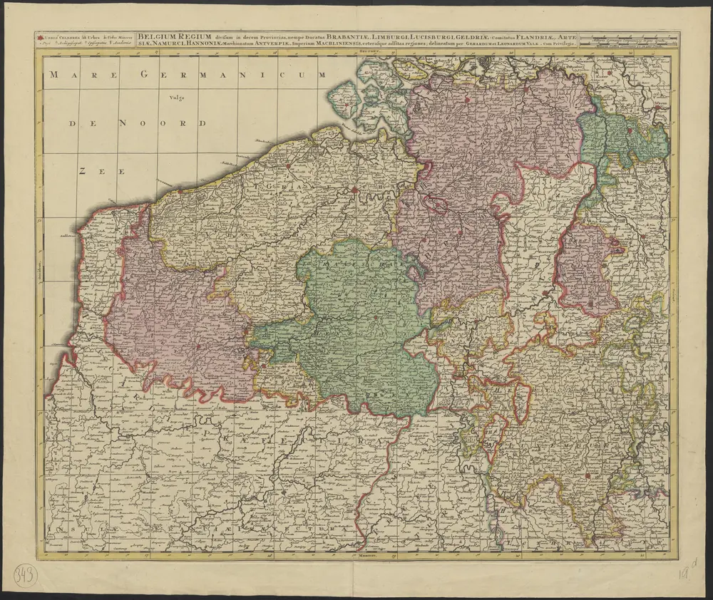 Belgium Regium divisum in decem provincias, nempe ducatus Brabantiae, Limburgi, Lucisburgi, Geldriae ; comitatus Flandriae, Artesiae, Namurci, Hannoniae, Marchionatum Antverpiae, Imperium Machliniensis, ceterasque adsitas regiones delineatum