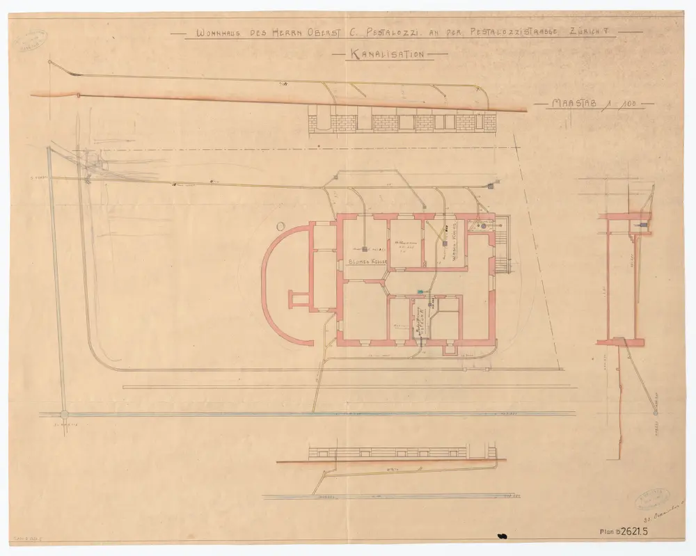 Wohnhaus von Herrn Oberst C. Pestalozzi, Pestalozzistrasse 50: Kanalisation; Grundriss und Schnitte