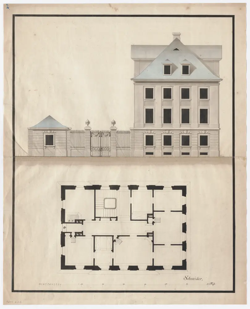 Haus St. Urban, Stadelhoferstrasse 19, 21 und 23 sowie ehemalige Seestrasse 16: Ostansicht (mit 4 Fensterachsen) und Grundriss des 2. Stocks