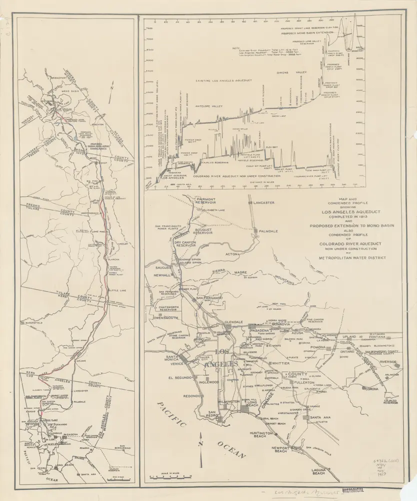 Map and condensed profile showing Los Angeles Aqueduct, completed in 1913, and proposed extension to Mono Basin : also condensed profile of Colorado River Aqueduct now under construction by Metropolitan Water District.