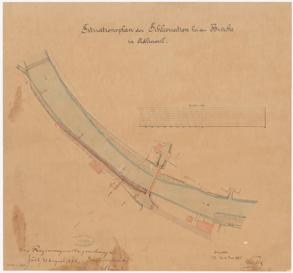 Adliswil: Von oberhalb der gedeckten Brücke bis zum Wehr der Spinnerei in Sood, Sihlkorrektion; Situationsplan