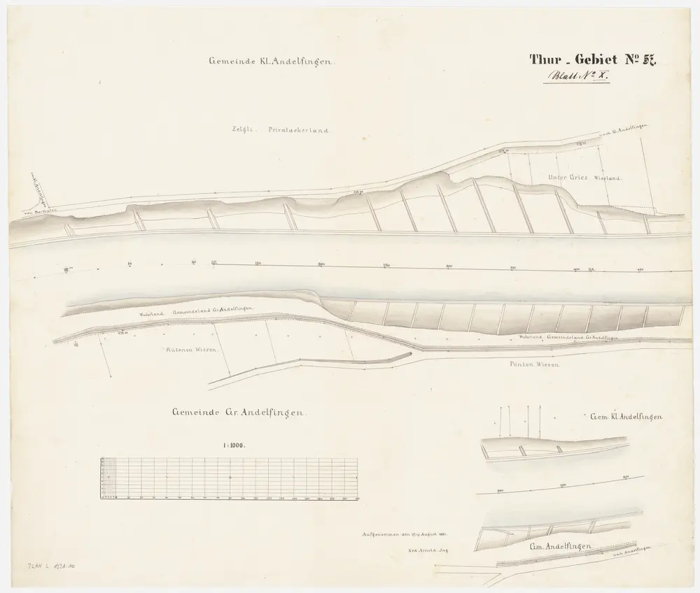 Andelfingen (damals Grossandelfingen), Kleinandelfingen, Flaach: Thur von oberhalb der Andelfinger Eisenbahnbrücke bis zur Einmündung in den Rhein, Thurkorrektion: Blatt X: Andelfingen (damals Grossandelfingen), Kleinandelfingen: Thurkorrektion; Situationsplan (Thur-Gebiet Nr. 57)