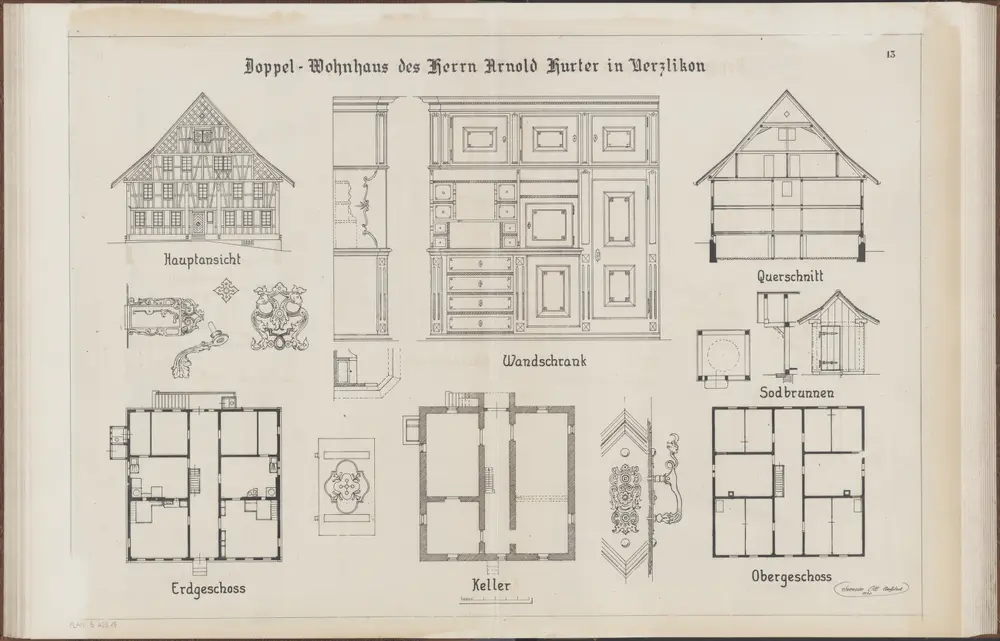 Das Bauernhaus im Kanton Zürich: Kappel am Albis: Doppelwohnhaus von Arnold Hurter in Uerzlikon; Ansichten, Grundrisse und Querschnitt (Nr. 13)