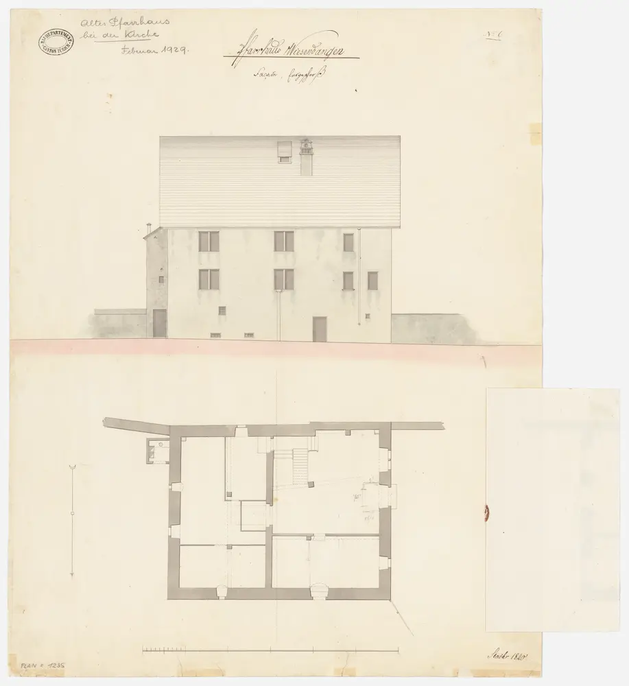 Wiesendangen: Altes Pfarrhaus bei der Kirche; Grundriss des Erdgeschosses und Ansicht (Nr. 6)