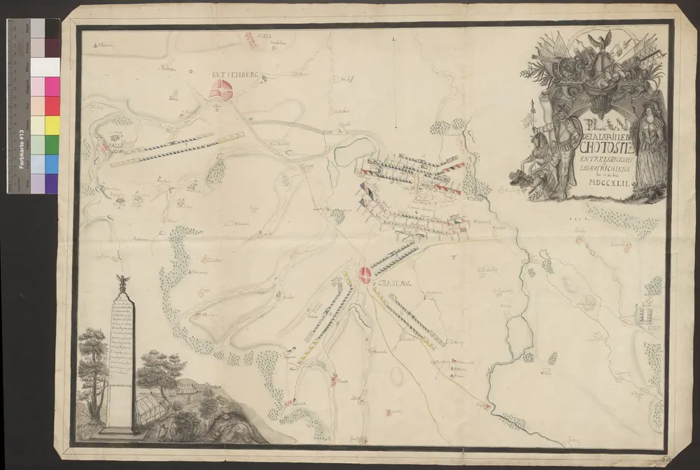 HZAN GA 100_Nr. 783_ : Chotusitz; "Plan von der Bataille bei Chotusitz";ohne Verfasser;ohne Maßstab;71 x 52 cm;Kartenrand: Przittoka-Kanck; Semitsch-Bumbalka-Cilmerzitz; Cosselik-Bradtschütz-Ronnow; St. Johann-Malleschau-Brzezona;Papier; Wasserfarben und Schraffen; größere Siedlungen im Grundriß, bei kleineren die Kirche im Aufriß; Truppenstellungen; rechts oben Kartusche; links unten Zeichnung eines Feldlagers mit Erklärungen.