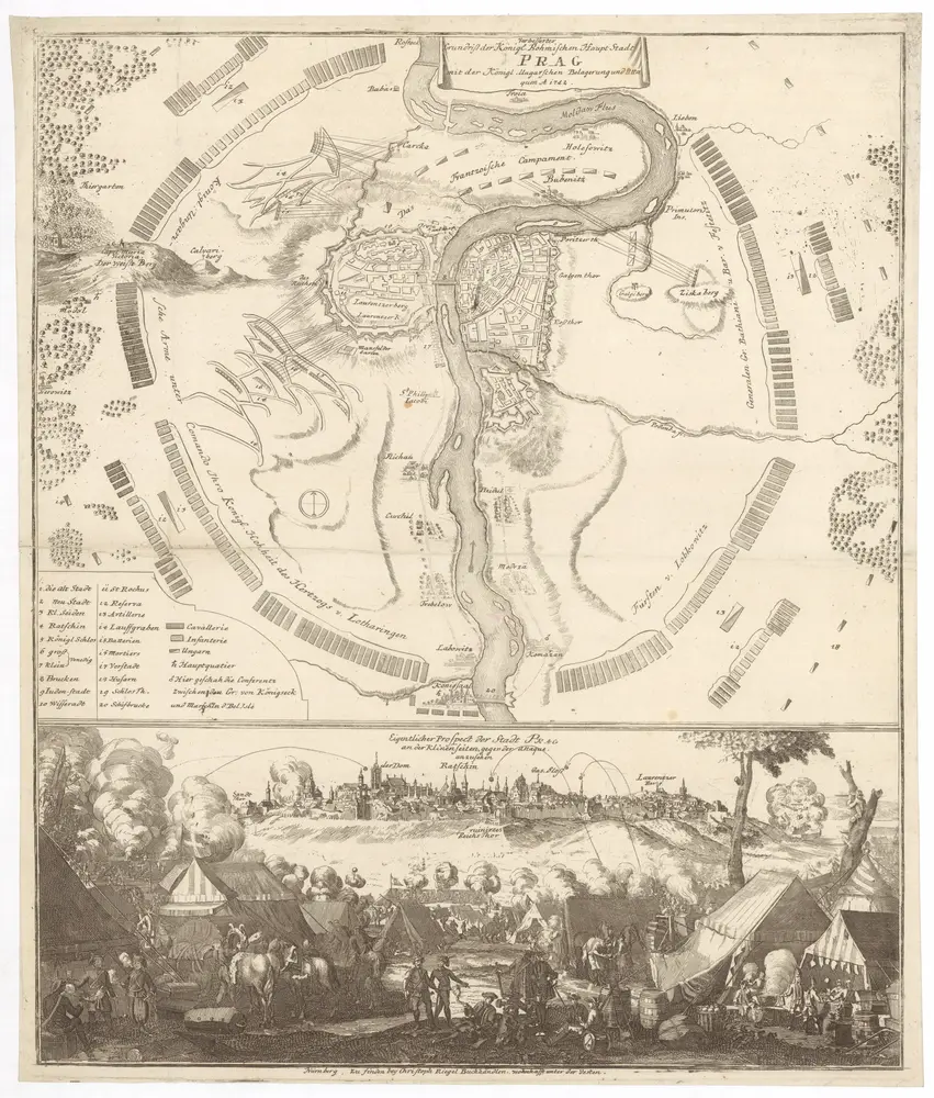 Verbesserter Grundriß der königl. bohmischen Haupt Stadt Prag mit der königl. ungarschen Belagerung und Attaquen A 1742