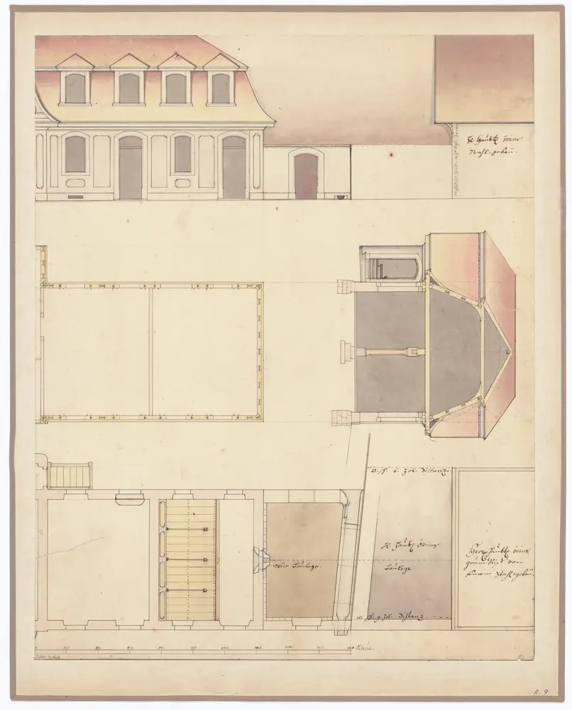 Haus zum Rechberg, Nebengebäude (Florhofgasse), Hirschengraben 40: Teilansicht, Teilgrundrisse und Schnitt (rechtes Blatt)