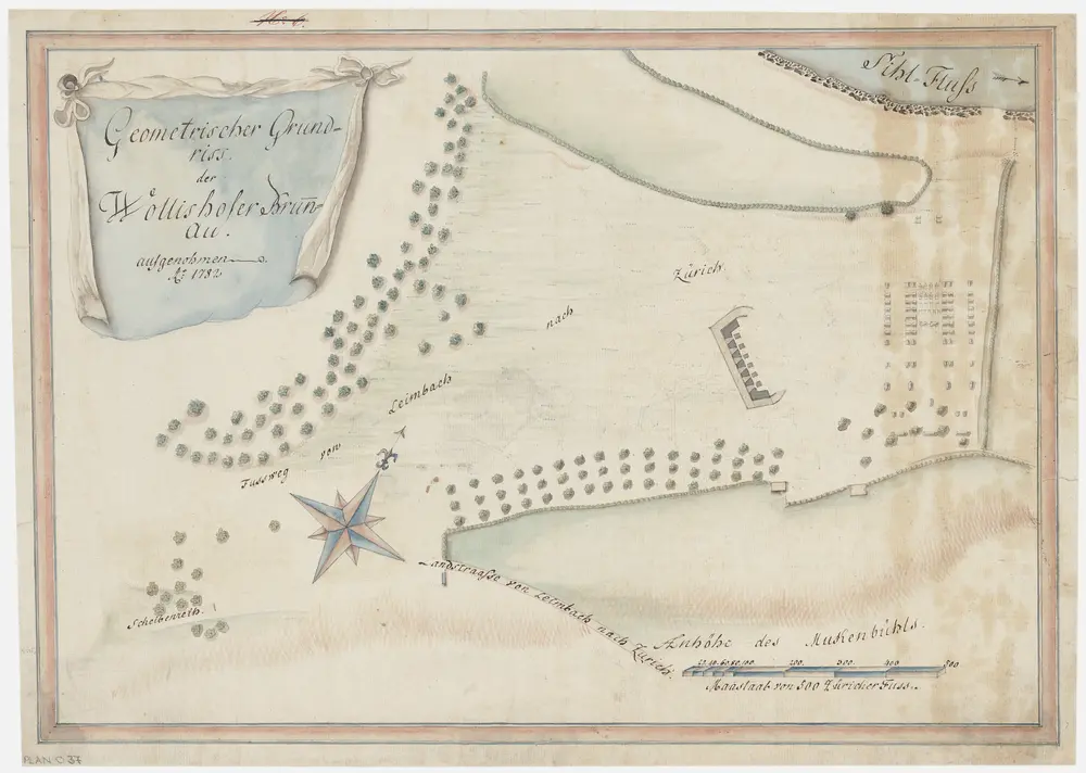 Wollishofen: Allmend bei der Brunau zwischen der Sihl und der Strasse von Leimbach nach Zürich, mit militärischen Objekten; Grundriss