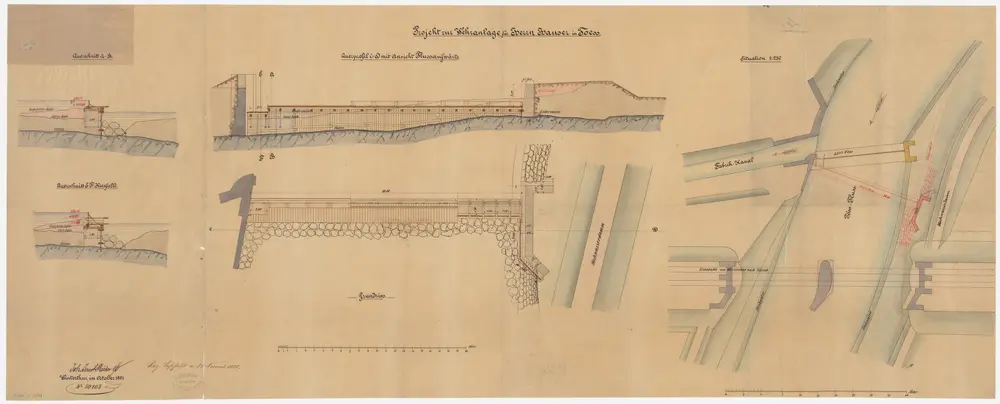 Töss: Töss beim oberen Wehr, projektiertes neues Wehr; Situationsplan, Querschnitte, Querprofil und Grundriss (Töss-Gebiet Nr. 28)
