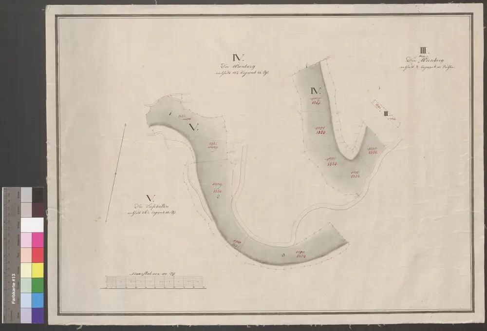 HZAN GA 100_Nr. 261-1_ : Leofels (Kr. Crailsheim) Tiefenhalten und Weinberg;ohne Verfasser;ohne Maßstab;69,5 x 50,5 cm; Norden oben;Papier auf Leinwand; Federzeichnung mit Schraffen; Meßgehalt der Flurstücke angegeben.