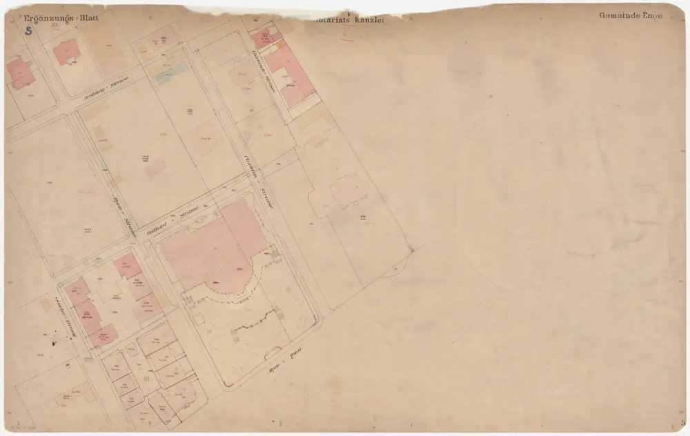 Enge: Gemeinde; Katasterpläne und Kataster-Ergänzungspläne: Ergänzungsblatt V: Gegend bei Dreikönigstrasse, Stockerstrasse, Alpen-Quai, Claridenstrasse und Glärnischstrasse; Situationsplan