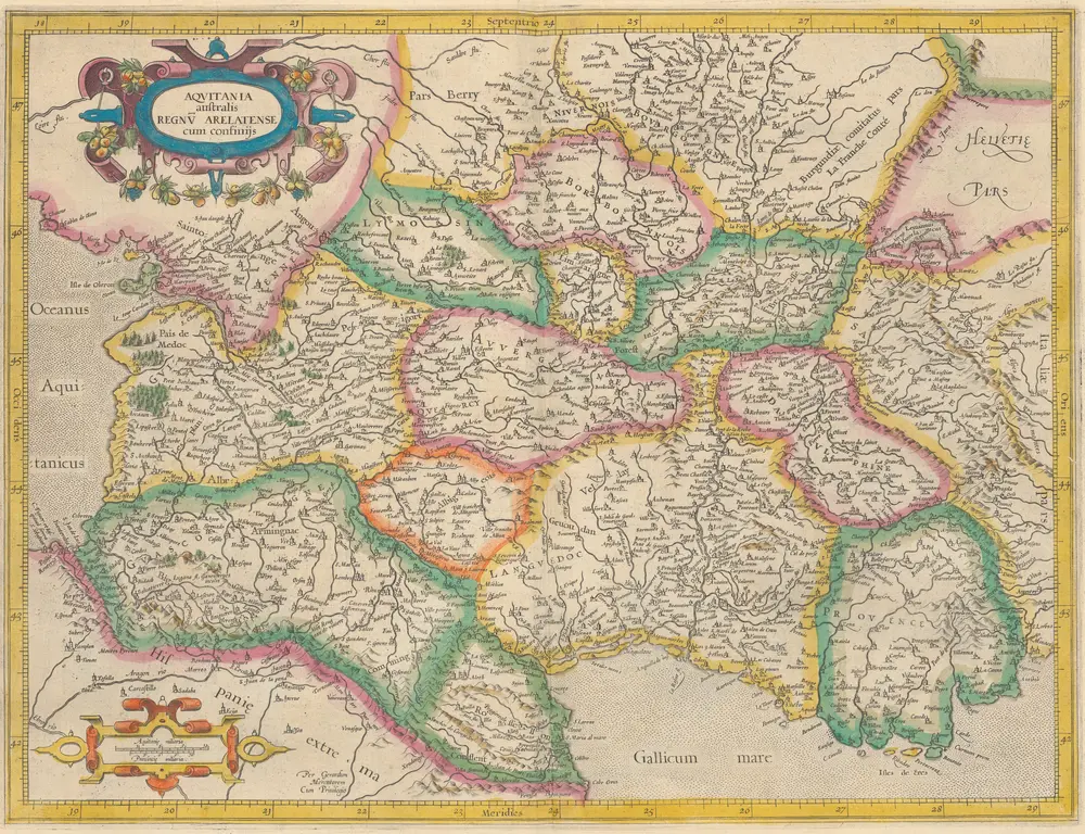 Aquitania australis Regnum Arelatense cum confiniis [Karte], in: Gerardi Mercatoris et I. Hondii Newer Atlas, oder, Grosses Weltbuch, Bd. 2, S. 125.