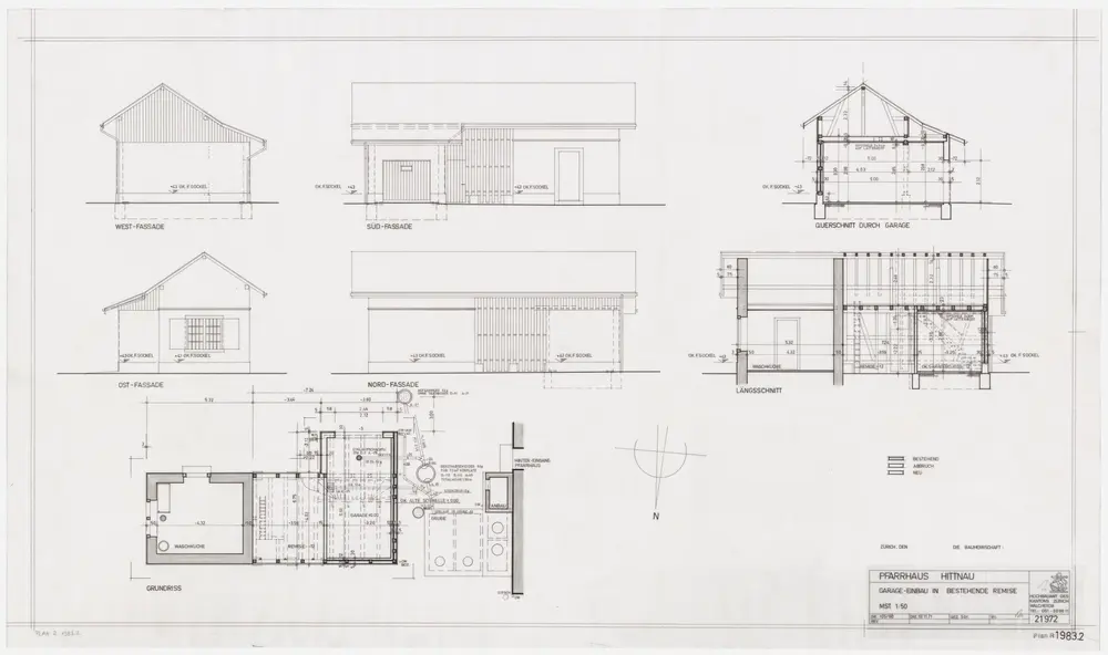 Hittnau: Pfarrhaus, Garagenzufahrt: Garageneinbau in Remise; Grundriss, Süd-, Ost, Nord- und Westansichten, Längs- und Querschnitt