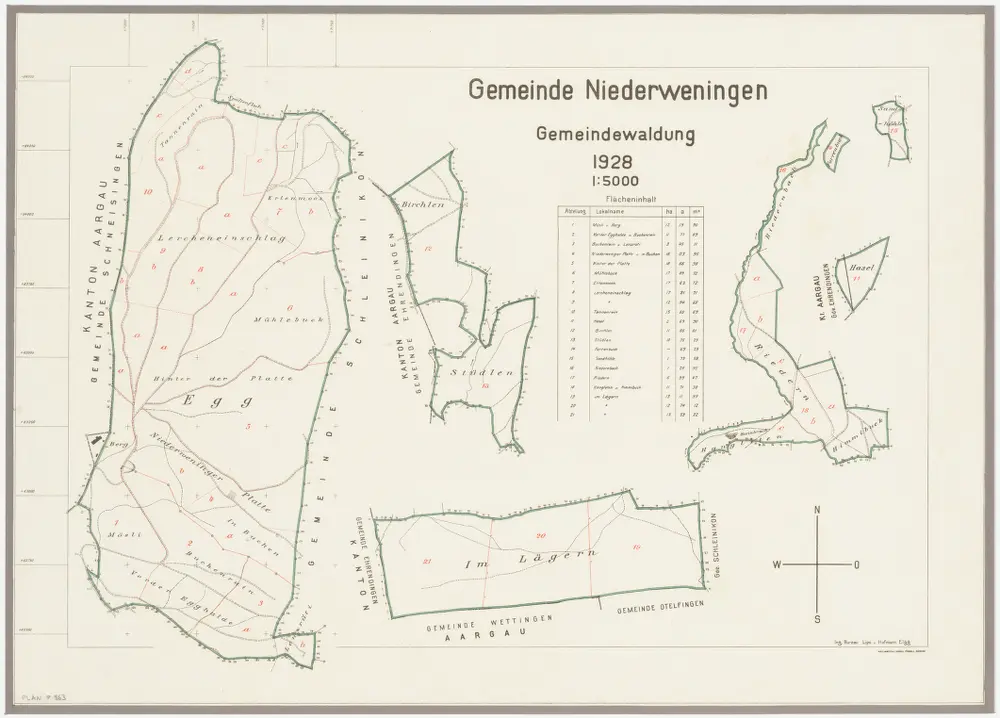 Niederweningen: Gemeindewaldungen Egg, Birch (Birchlen), Stüdlen, Im Lägern, Rieden (Riedern), Hasel, Sandhöli (Sandhöhle), Forenbuk (Forrbuck), Hangleten, Himibuck (Himmibuck); Grundrisse