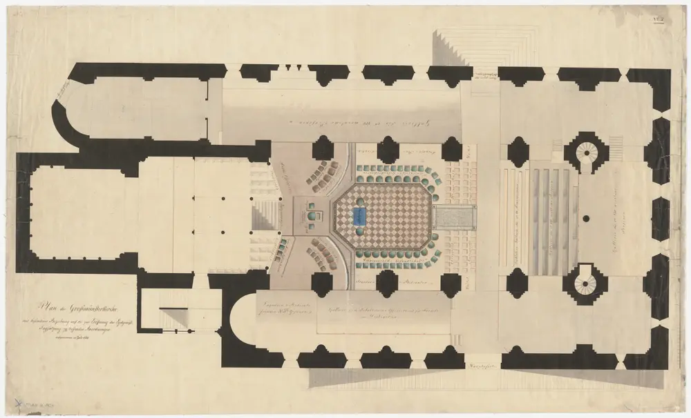 Zürich: Grossmünsterkirche, Platzierung der Teilnehmer der am 7. Juli 1828 stattfindenden eidgenössischen Tagsatzung; Grundriss (Nr. 2)