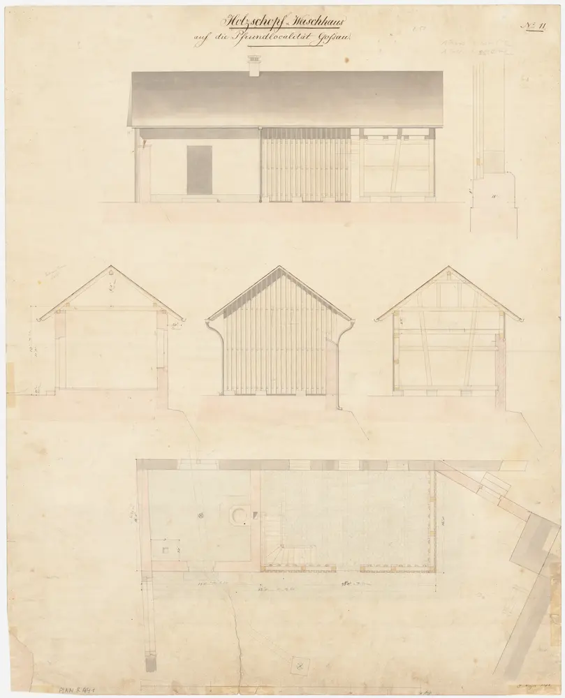 Gossau: Holzschuppen und Waschhaus; Grundriss, Ansichten und Querschnitte (Nr. 11)