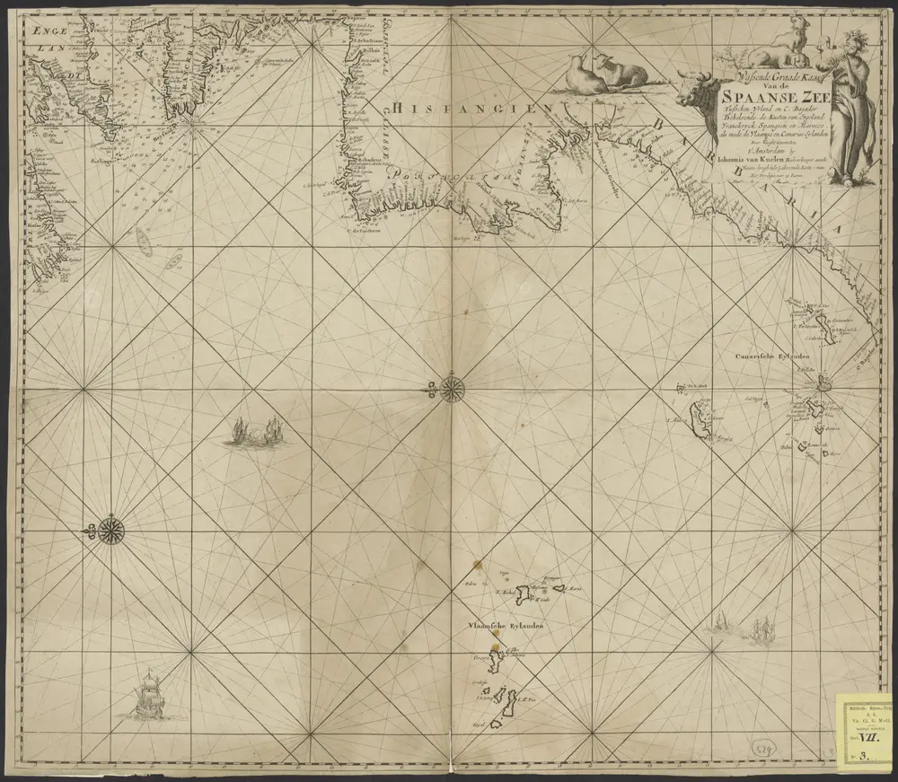 Wassende graade kaart van de Spaanse Zee tusschen Yrland en C. Bajador behelsende de kusten van Engeland Vranckryck Spangien en Marocco, als mede de Vlaamse en Canarische eylanden