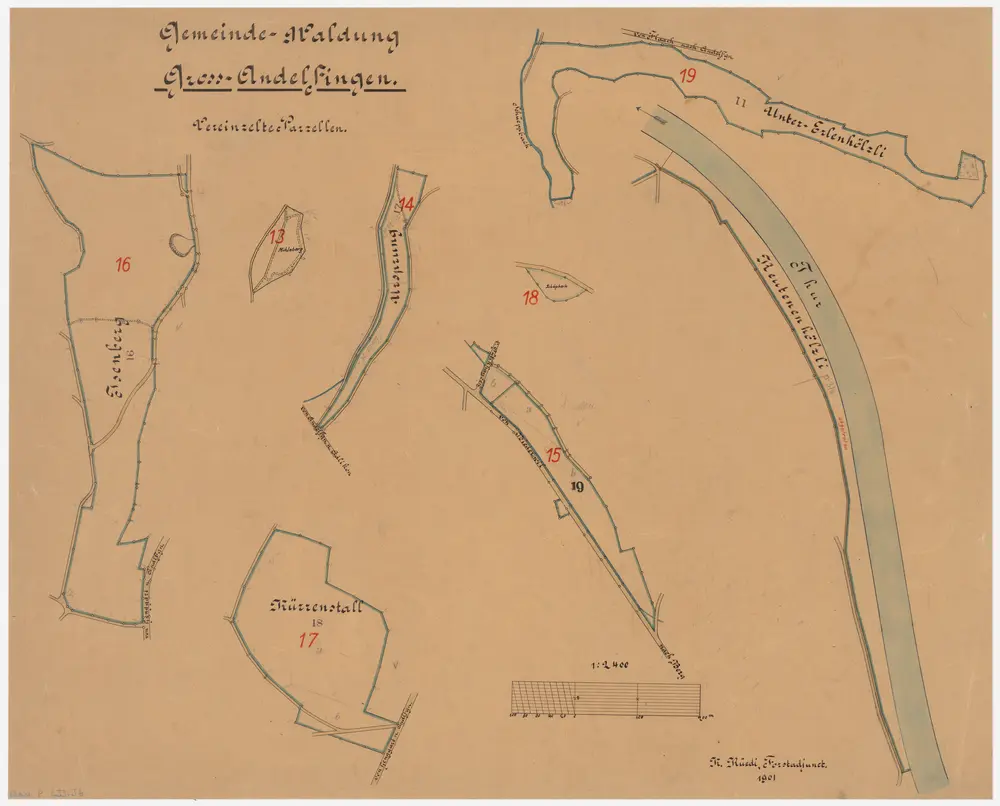 Andelfingen (damals Grossandelfingen): Gemeindewaldung: Isenberg, Müliberg (Mühleberg), Ursprung, Erlenhölzli, Schüepbach, Chürenstall (Kürrenstall), Rütenerhölzli; Grundrisse