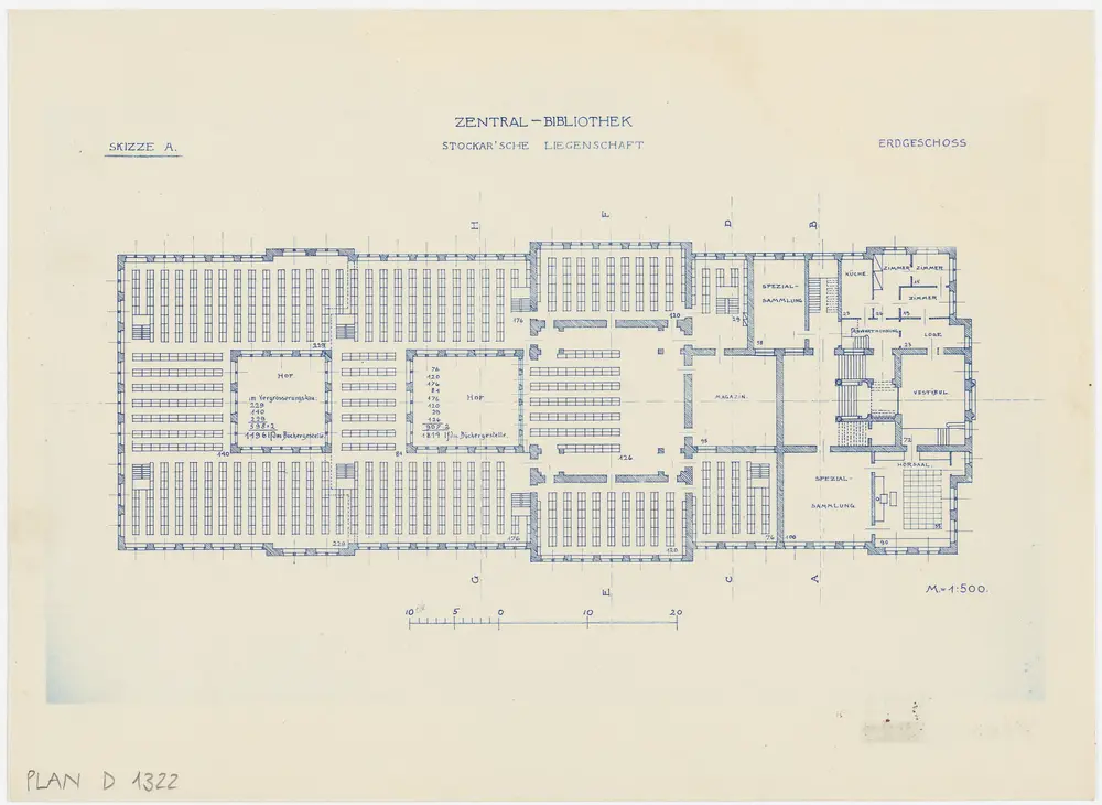 Projektierte Zentralbibliothek auf dem Stockargut: Erdgeschoss; Grundriss