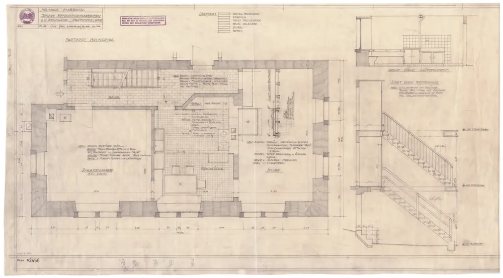 Embrach: Liegenschaft Neumoos, Wohnhaus, innere Renovationsarbeiten, Erdgeschoss und Treppenhaus; Detailansicht, Grundriss und Schnitt