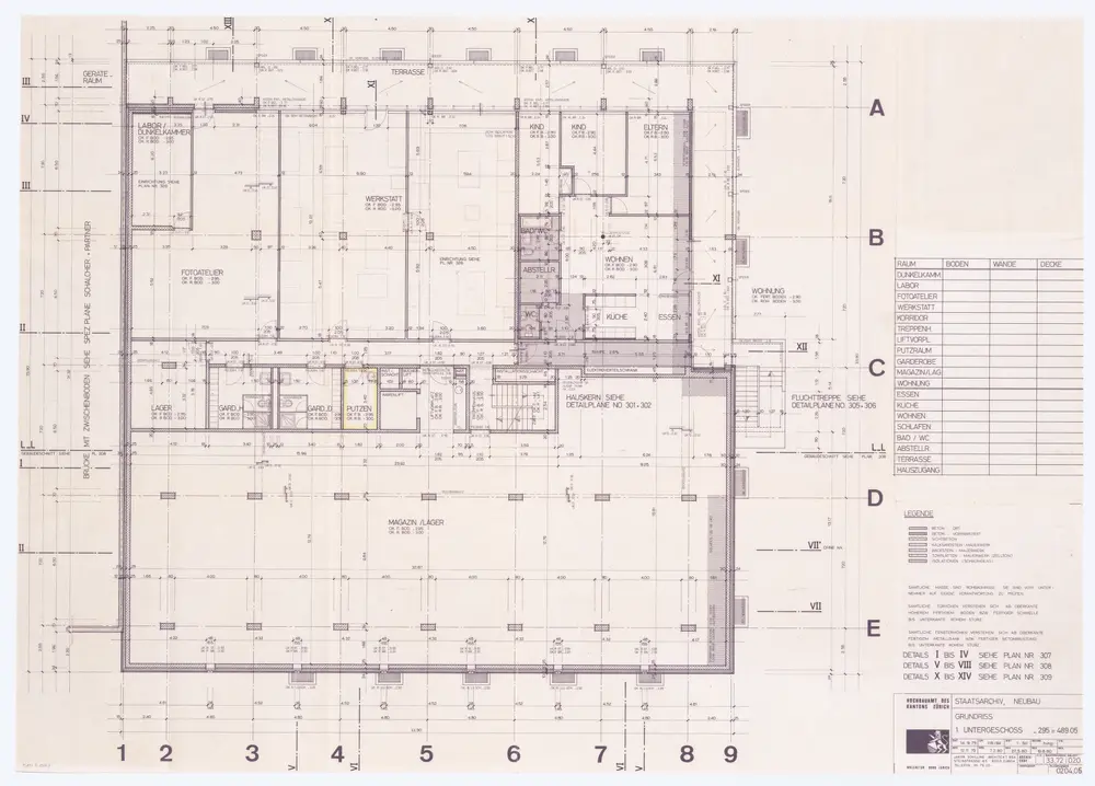 Staatsarchiv des Kantons Zürich, Neubau im Irchelpark: 1. Untergeschoss; Grundriss