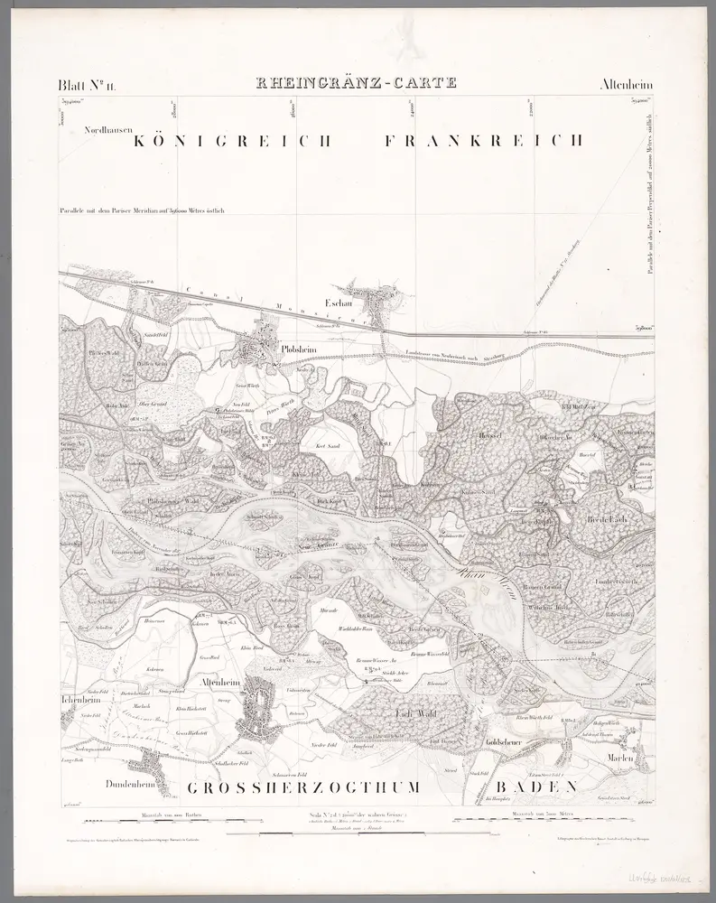 Blatt 11. Altenheim, uit: Topographische Karte des Rheinstromes und seiner beiderseitigen Ufer von Hueningen bis Lauterburg oder längs der Französich-Badischen Gränze, ... / ... reducirt und gezeichnet ... im Bureau der Grossherzoglich Badischen Rheingränz-Berichtigungs Commission