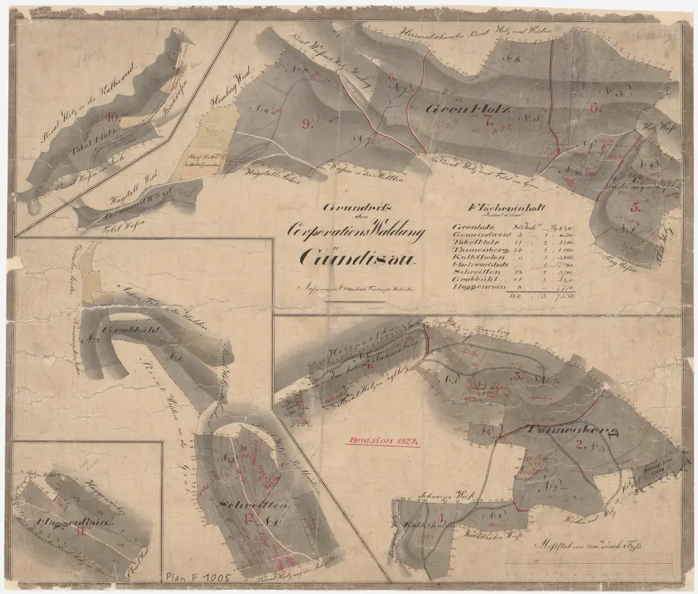 Russikon: Genossenschaftswaldung Gündisau mit Tobelholz, Gemeindweid, Geen (Geenholz), Spiechtel, Im hohen Tannenberg, Schwizerwis (Schweizer Wiese), Chalchtharen (Kalkthalen), Hochwachholz, Schriten (Schreitten), Grubbühl; Grundrisse